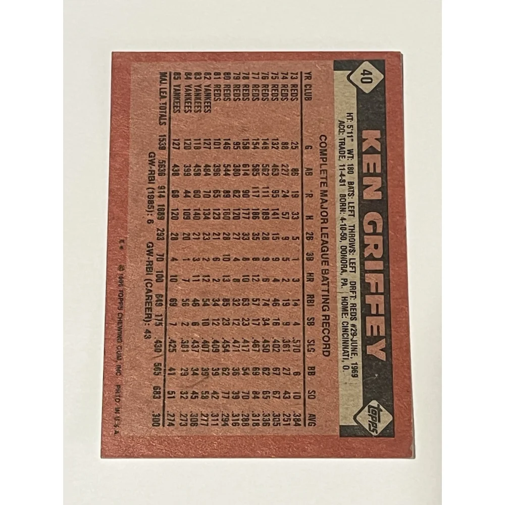 Ken Griffey 1986 Topps #40 New York Yankees Baseball Card - Picture 6 of 6